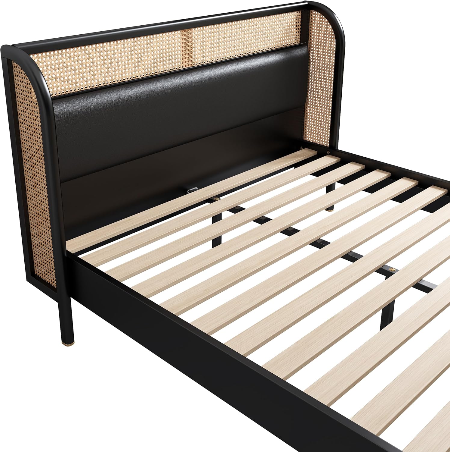 Queen Size Rattan Platform Bed with Wingback Headboard J588