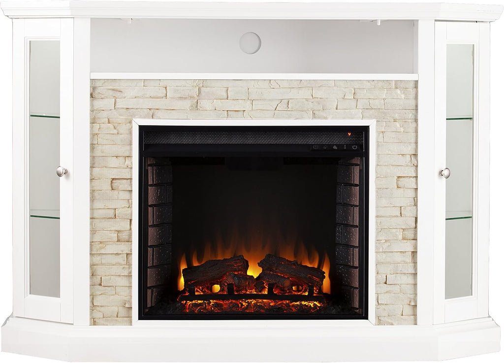 Fresh White Faux Stone Electric Media Storage Corner Fireplace N8692