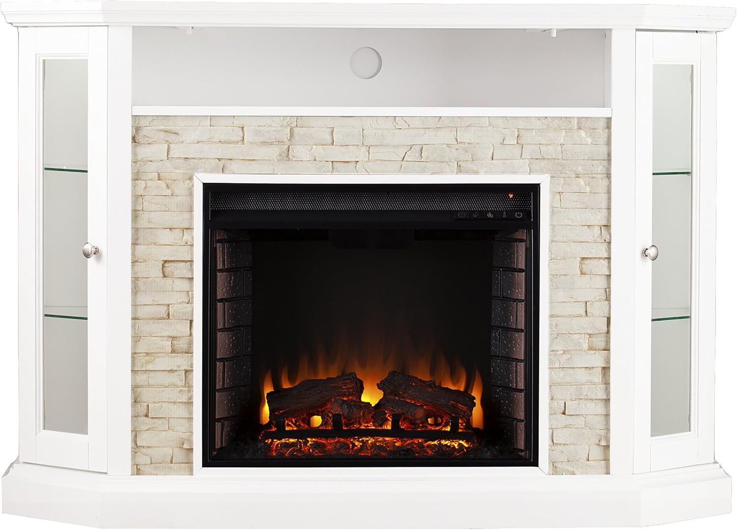 Fresh White Faux Stone Electric Media Storage Corner Fireplace N8692