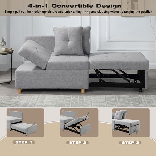 Light Gray Linen Convertible Sleeper Sofa Chair with 2 Throw Pillow A6467