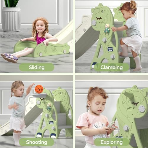 Unicorns-Pink Plastic Toddler Slide with Basketball Hoop & Ring Game B310170