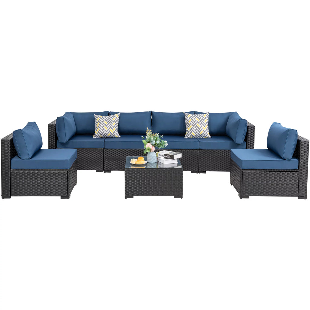 7 Pieces Black Wicker Outdoor Sectional Sofa Set with Tea Table and Cushions A761299