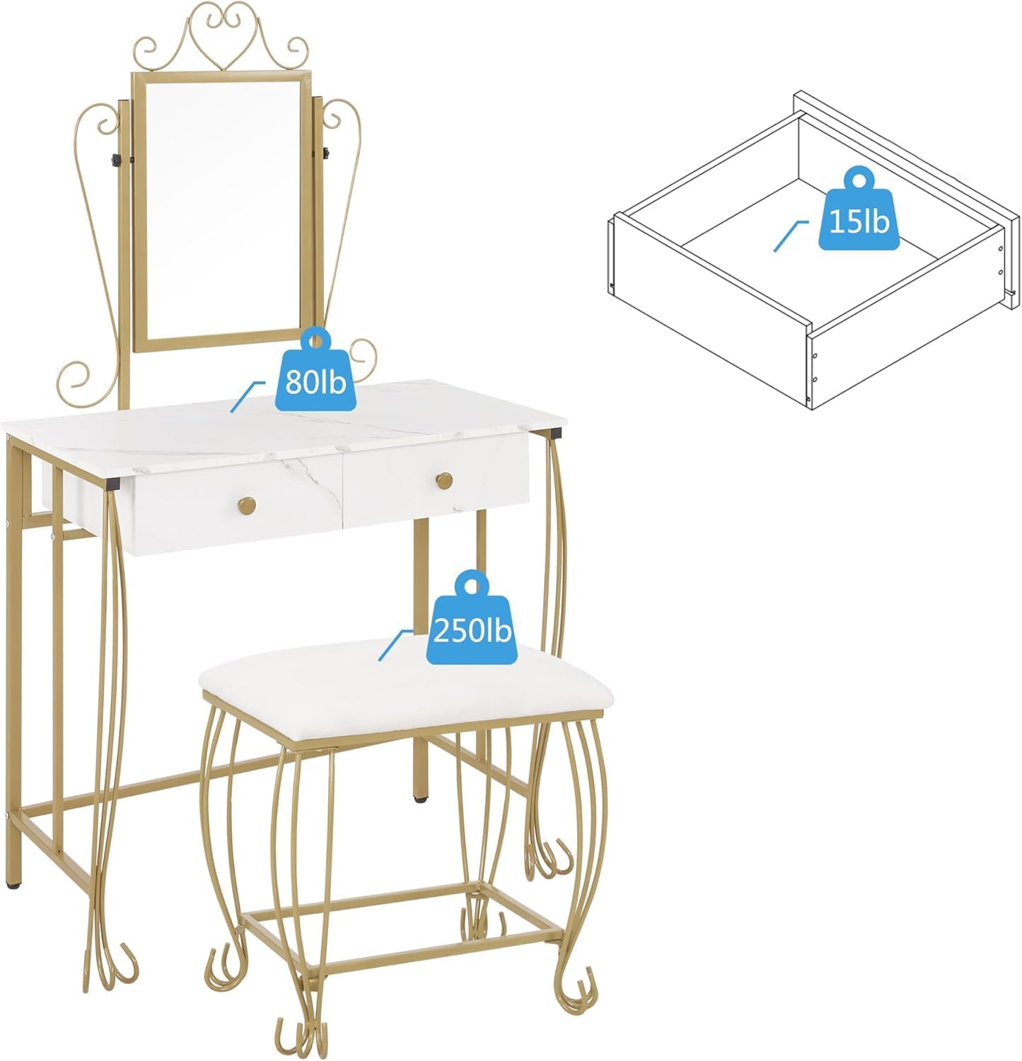 White Vanity Mirror Table Set with Stool Z25171