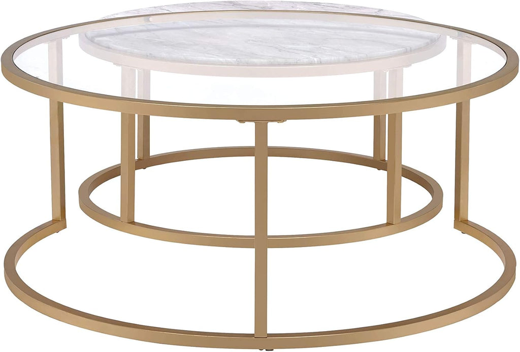 Modern Nesting Coffee Table Set of 2, Faux Marble & Clear Glass Top, Metal Frame, Gold Finish Q850911