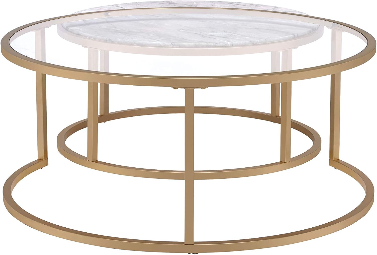 Modern Nesting Coffee Table Set of 2, Faux Marble & Clear Glass Top, Metal Frame, Gold Finish Q850911