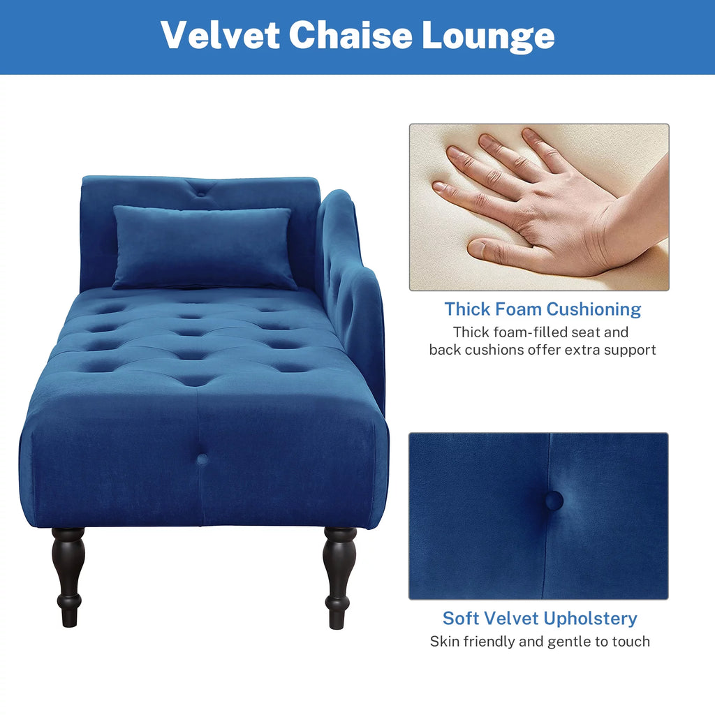 Blue Button Tufted Lounge Chaise with Accent Pillow B3147