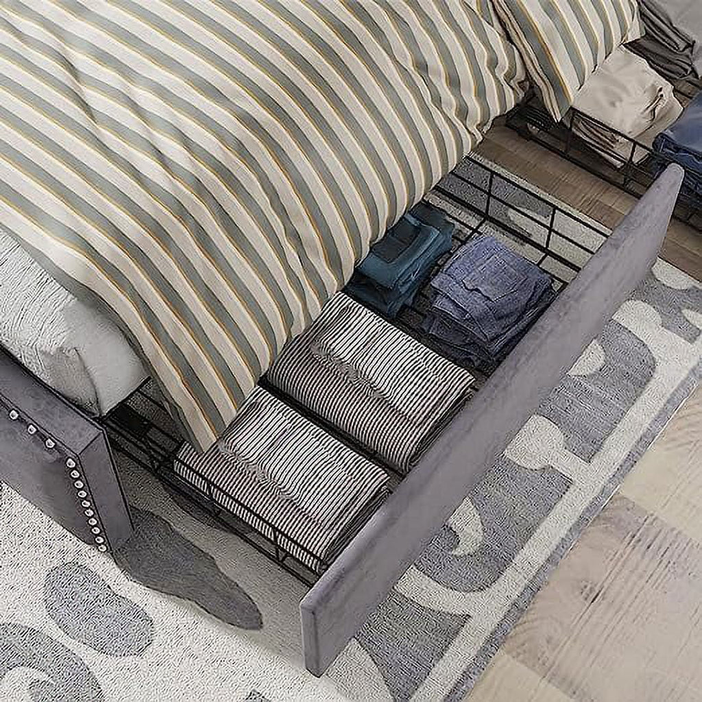 King Size Velvet Upholstered Platform Bed Frame with 4 Storage Drawers and Headboard O750666