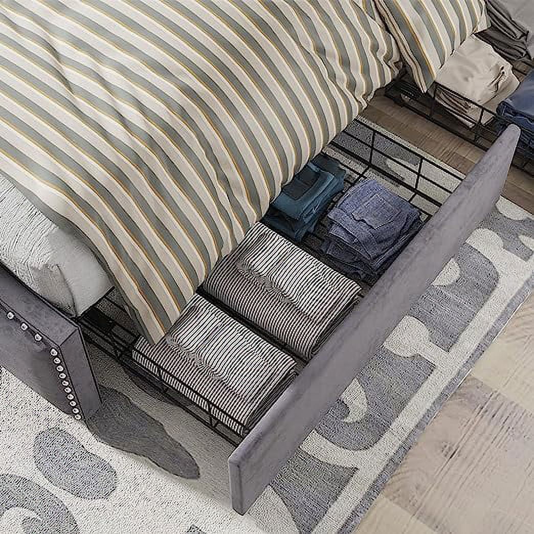 King Size Velvet Upholstered Platform Bed Frame with 4 Storage Drawers and Headboard O750666
