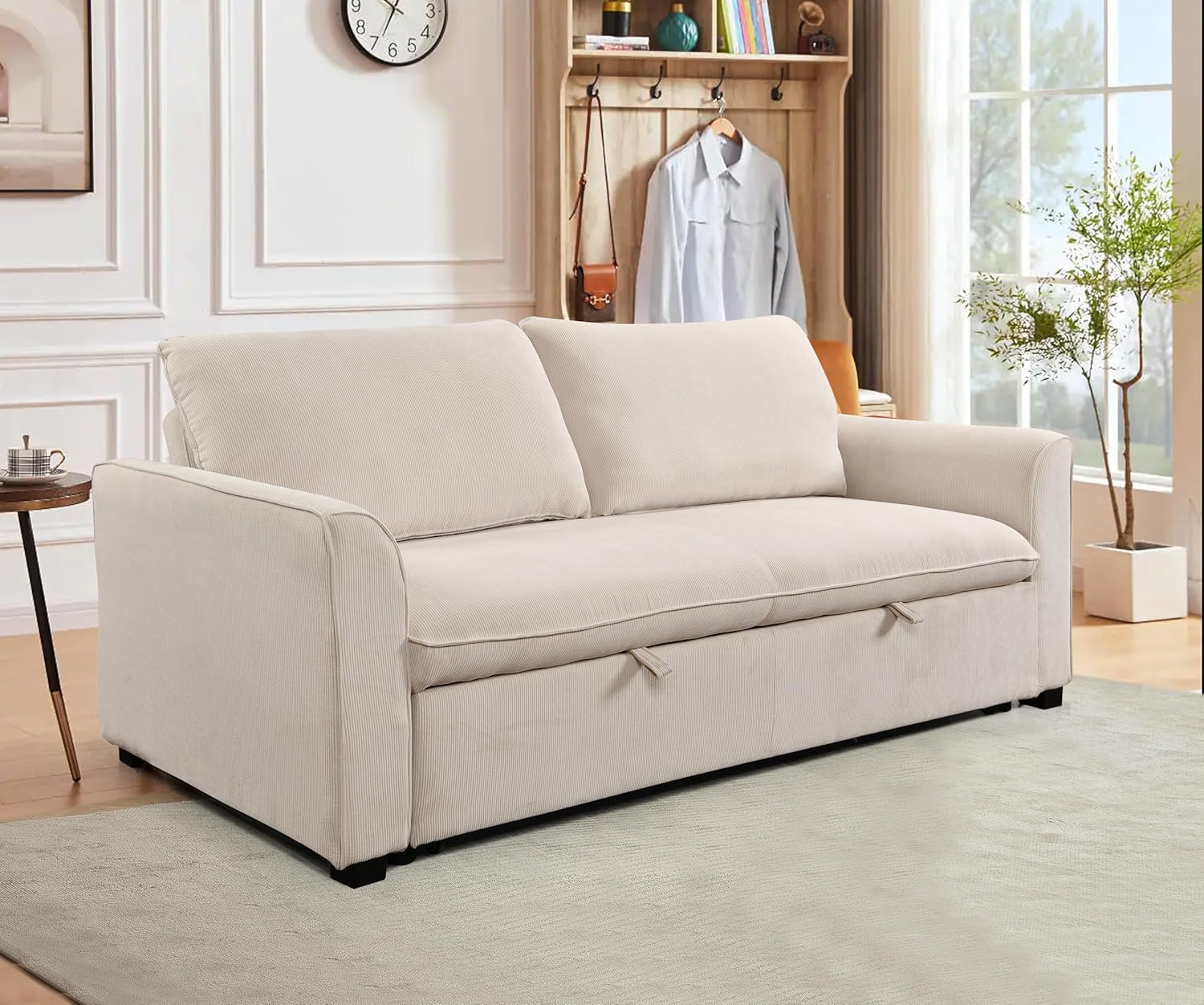 Beige 78 Inch Convertible Sleeper Sofa Bed with Pullout Bed D24352