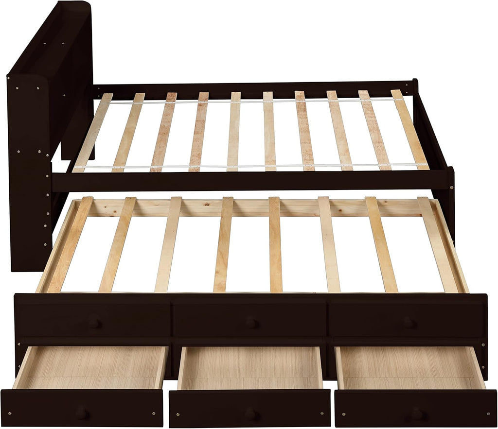 Twin Wood Captain’s Bed with Bookcase Headboard, Trundle and 3 Drawers, Espresso W665510