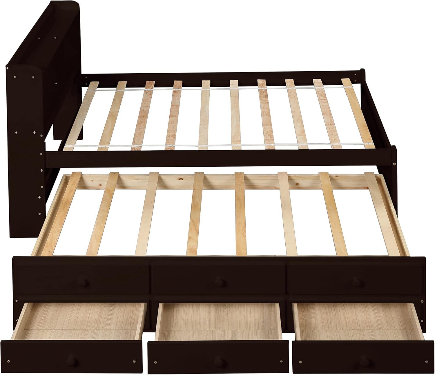 Twin Wood Captain’s Bed with Bookcase Headboard, Trundle and 3 Drawers, Espresso W665510