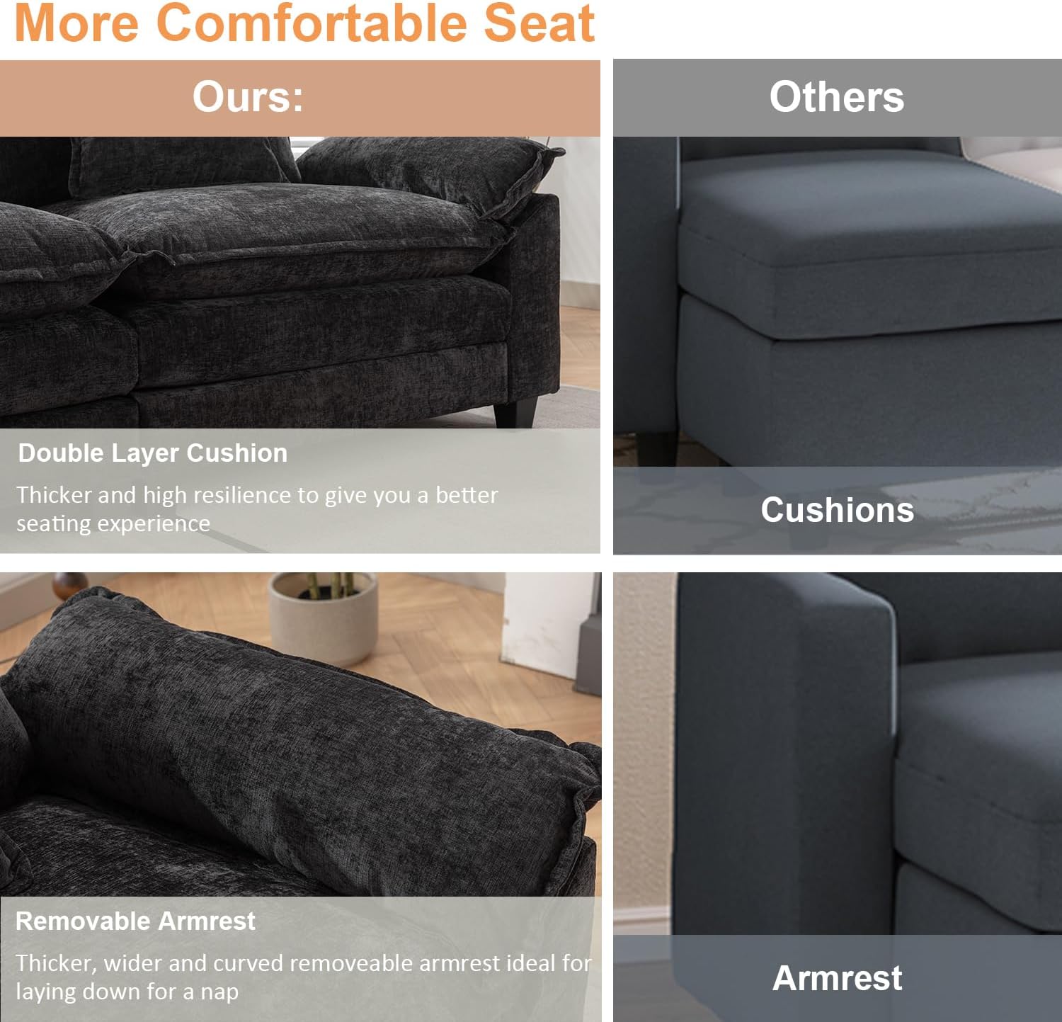 Black Chenille L-Shaped Sectional Sofa with Ottoman B505