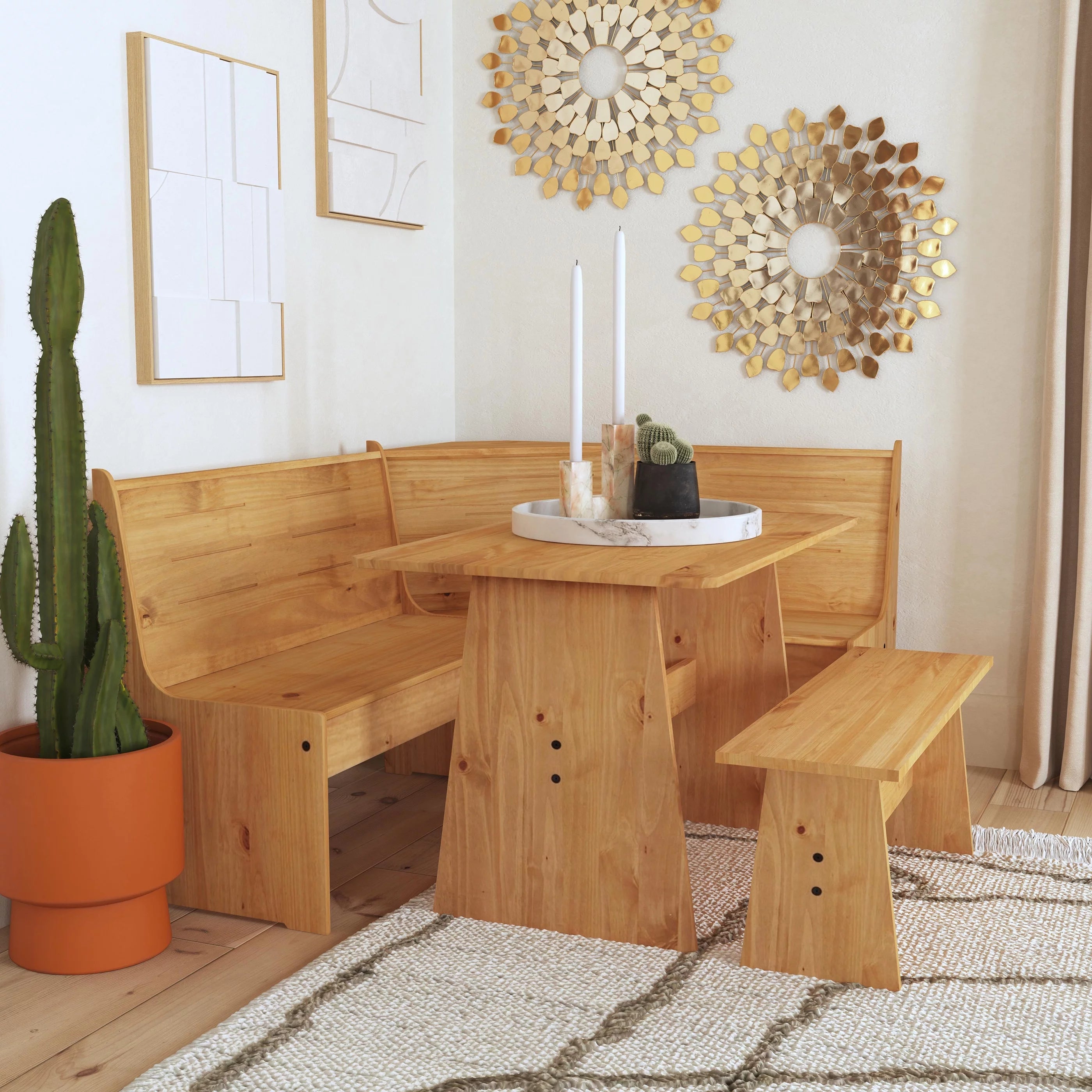 Natural Finish Corner Dining Set with Storage Table and Bench S7617