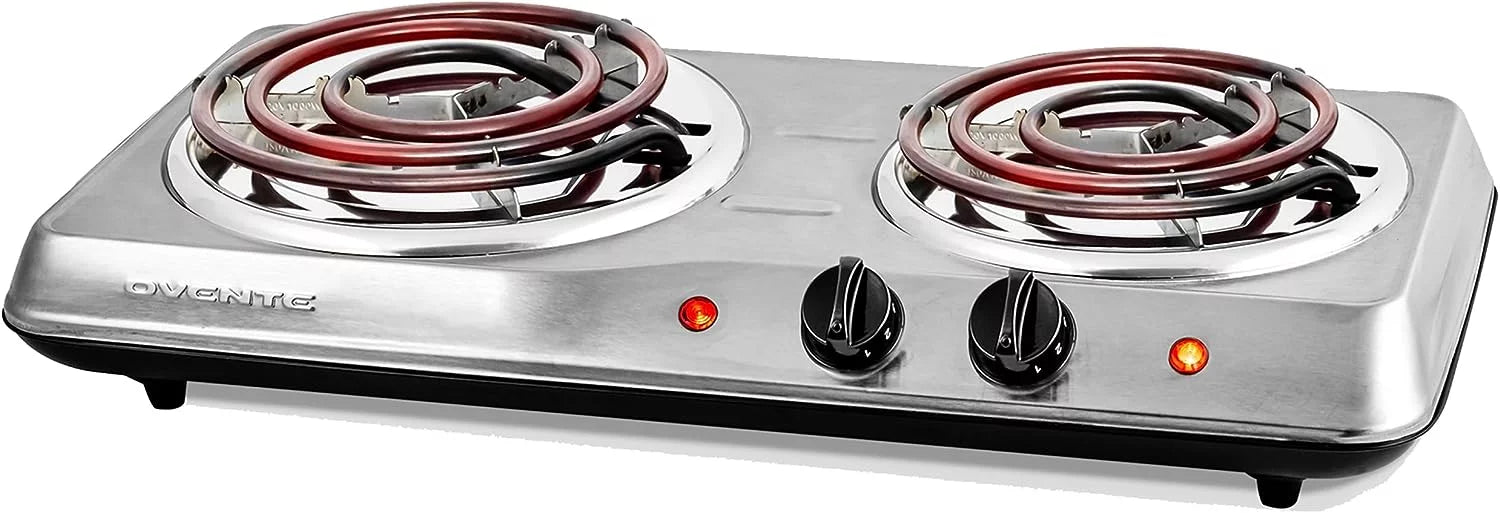 Silver Electric Countertop Double Burner with Stainless Steel Coil Hot Plates A183