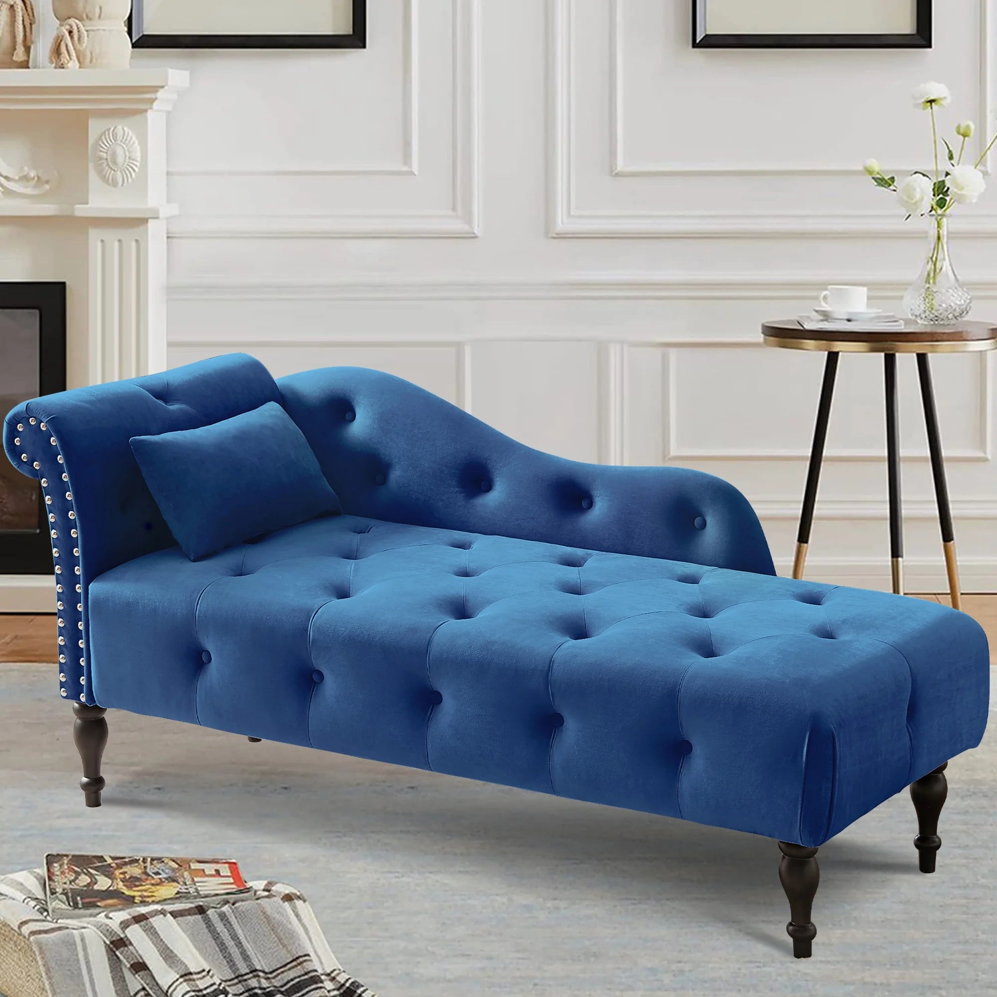 Blue Button Tufted Lounge Chaise with Accent Pillow B3147