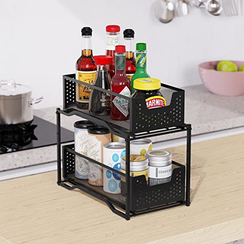 Black 2 Pack Stackable 2 Tier Under Sink Cabinet Organizer with Sliding Storage Drawer T362