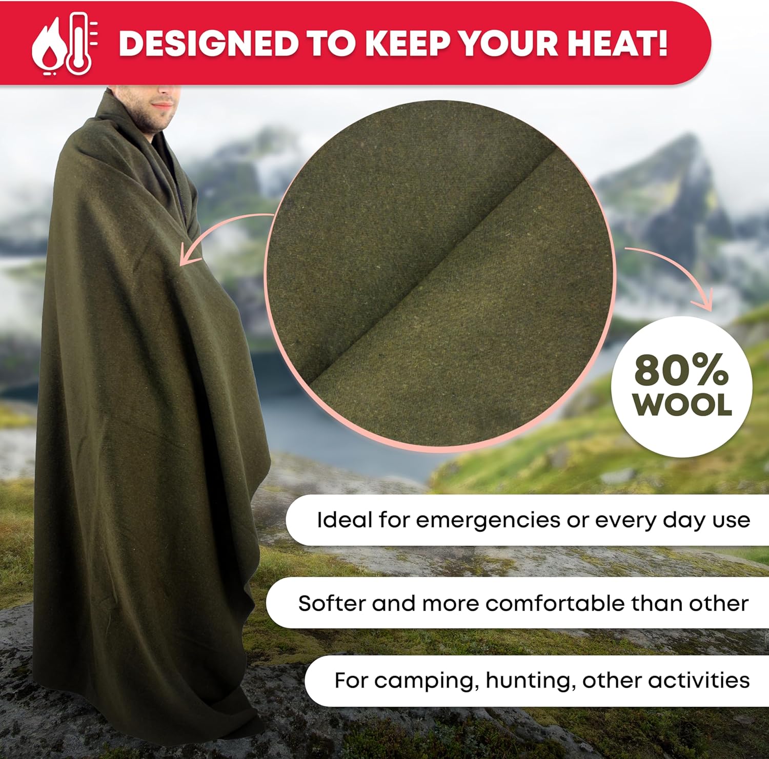 Olive Drab Green 66" x 90" Fire Retardant Wool Blanket Z1063