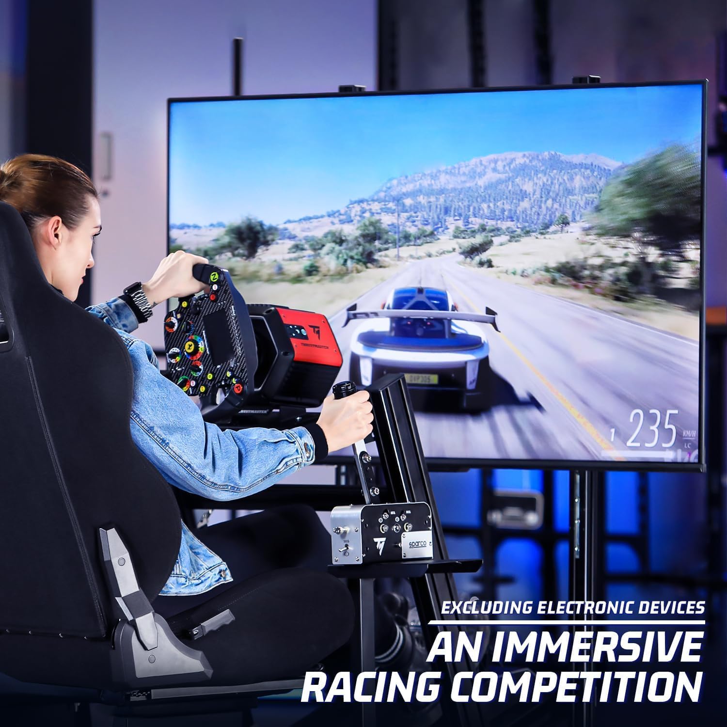 Racing Simulator Cockpit with Monitor Stand and Black Seat Q201