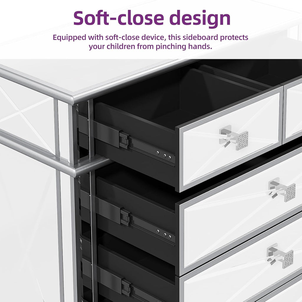Silver Mirrored 5 Drawer Dresser with Wood Legs B9035