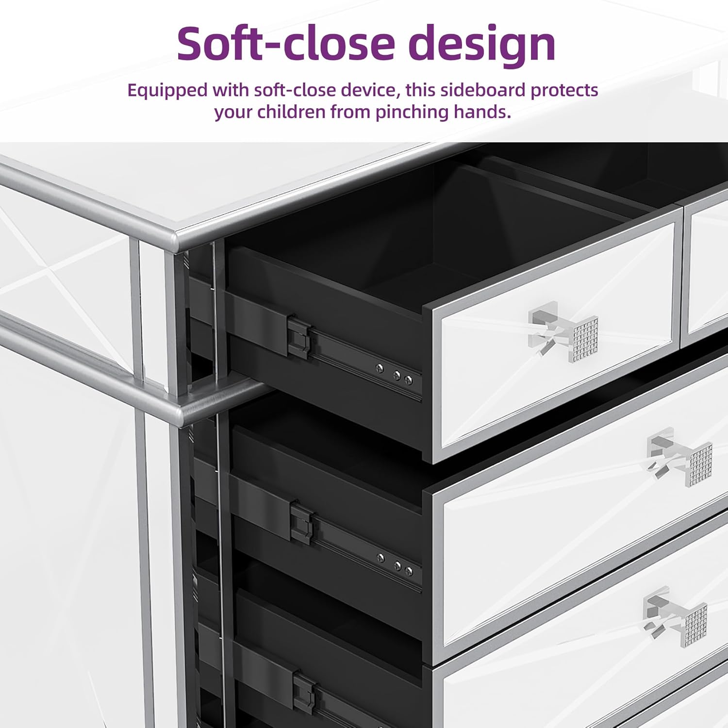 Silver Mirrored 5 Drawer Dresser with Wood Legs B9035