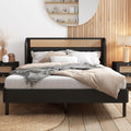 Queen Size Rattan Platform Bed with Wingback Headboard J588