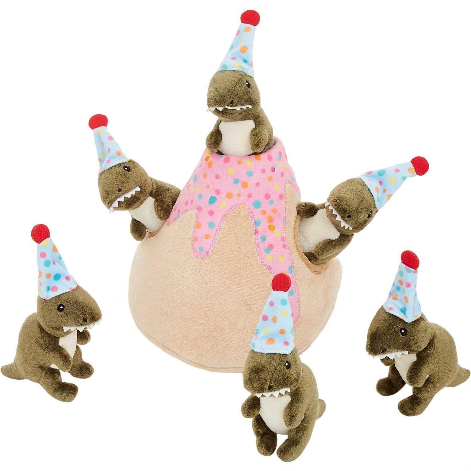 Birthday Volcano Dinosaurs Hide Seek Puzzle Plush Squeaky Dog Toy I18636