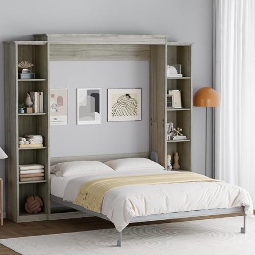 Queen Murphy Bed Cabinet with 5-Tier Adjustable Storage Shelves, Grey Wood Foldable Platform Bed E6897