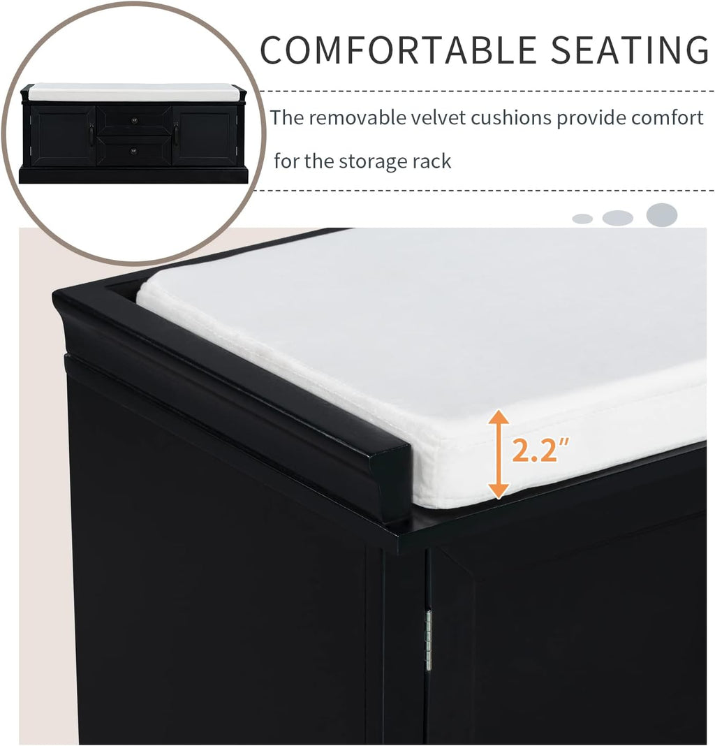 Black Storage Bench with 2 Drawers and 2 Cabinets with Removable Cushion V997276