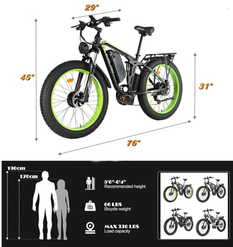 Dual Motors 2000W 35MPH Electric Mountain Bicycle with 48V 22.4AH Removable Battery, 7 Speed 26" Fat Tire Full Suspension Hydraulic Disc Brake Q350