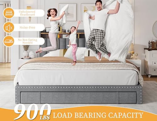 Grey Queen Size Upholstered Platform Bed Frame with 3 Drawers Q826277