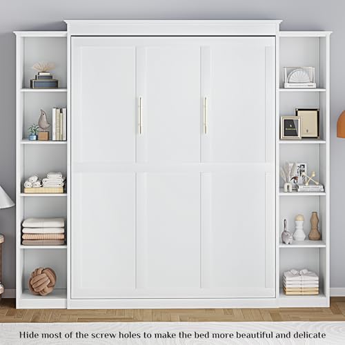 Queen Murphy Bed Cabinet with 5-Tier Adjustable Storage Shelves, Grey Wood Foldable Platform Bed E6897