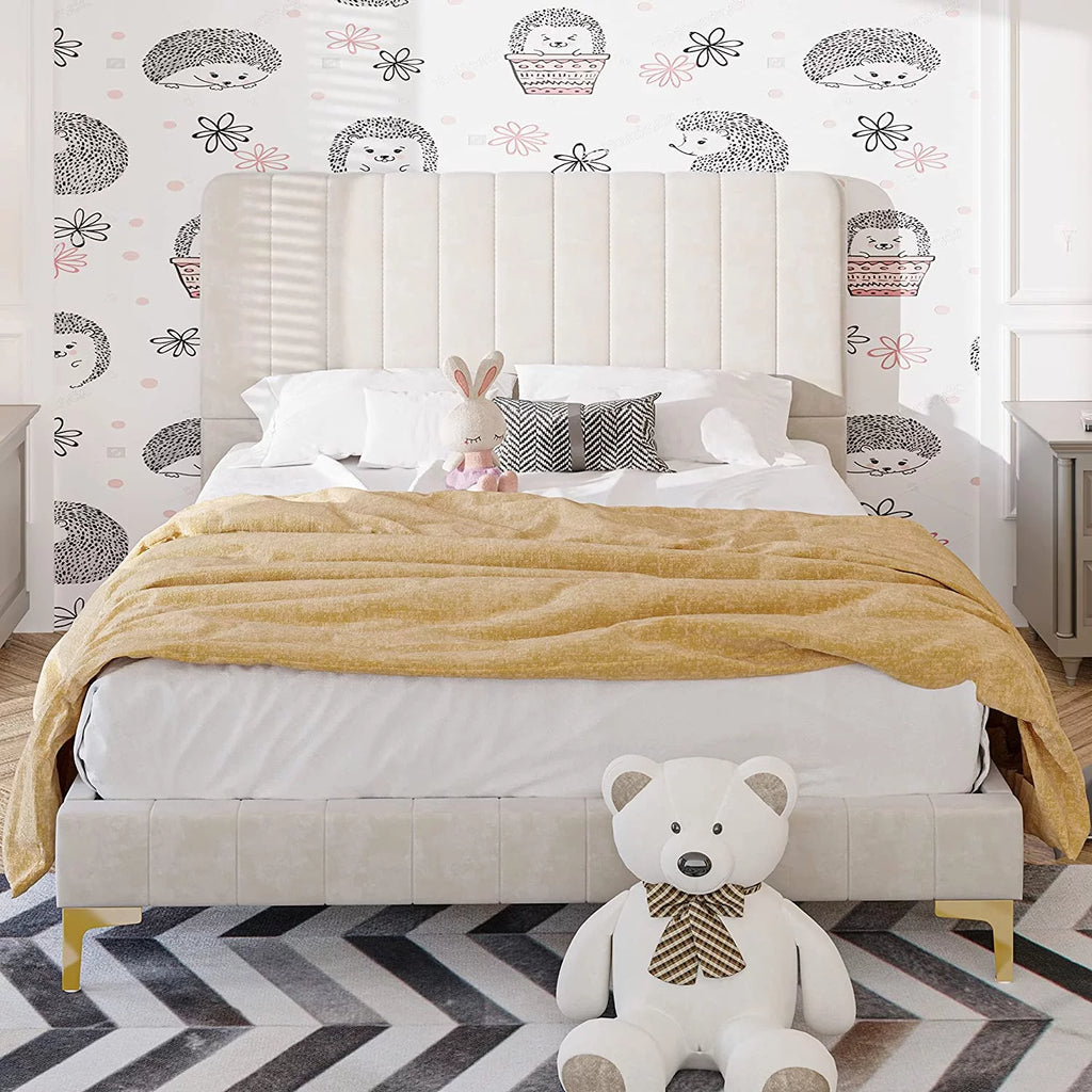 Beige Upholstered Full Size Platform Bed with Headboard T331