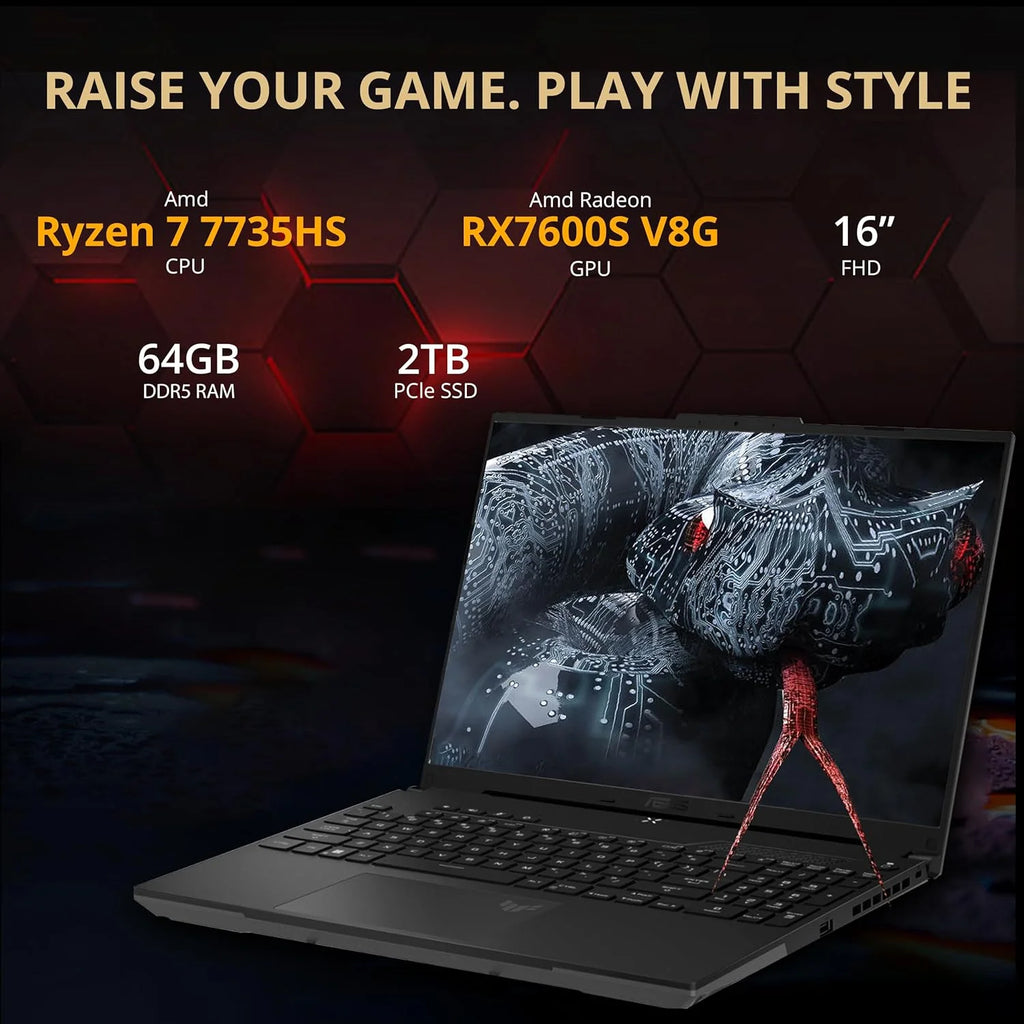 16" FHD 165Hz Gaming Laptop, AMD Ryzen 7-7735HS, Radeon RX7600S V8G Graphics, 64GB DDR5 RAM, 2TB PCIe SSD, RGB Backlit Keyboard, Wi-Fi 6, Win 11 Pro Q997