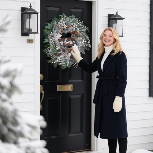24 Inch Artificial Outdoor Christmas Wreath with Pinecones, White Berries and Welcome Sign W40620