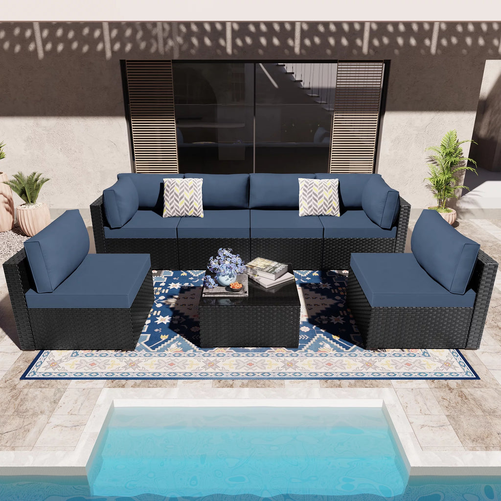 7 Pieces Black Wicker Outdoor Sectional Sofa Set with Tea Table and Cushions A761299