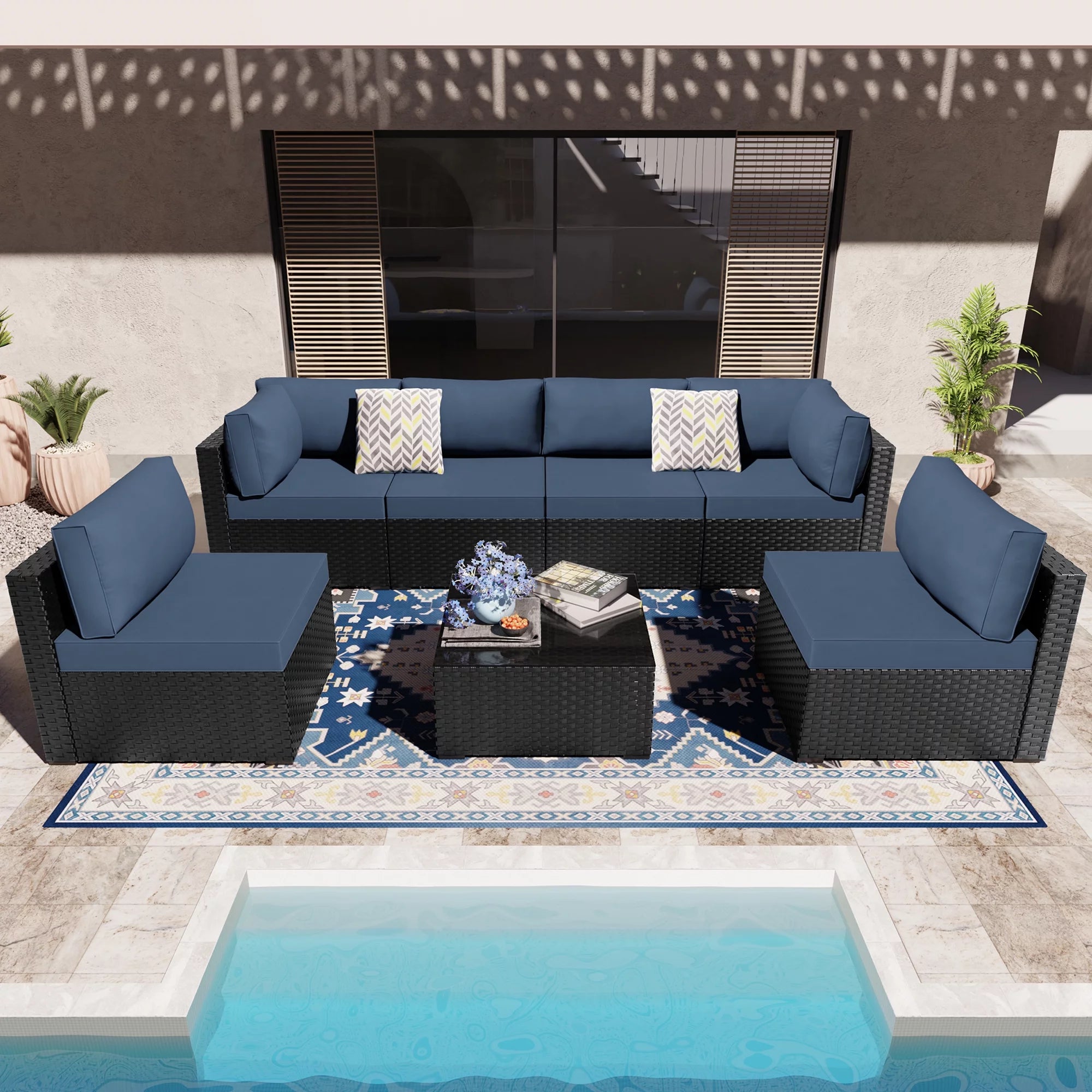 7 Pieces Black Wicker Outdoor Sectional Sofa Set with Tea Table and Cushions A761299