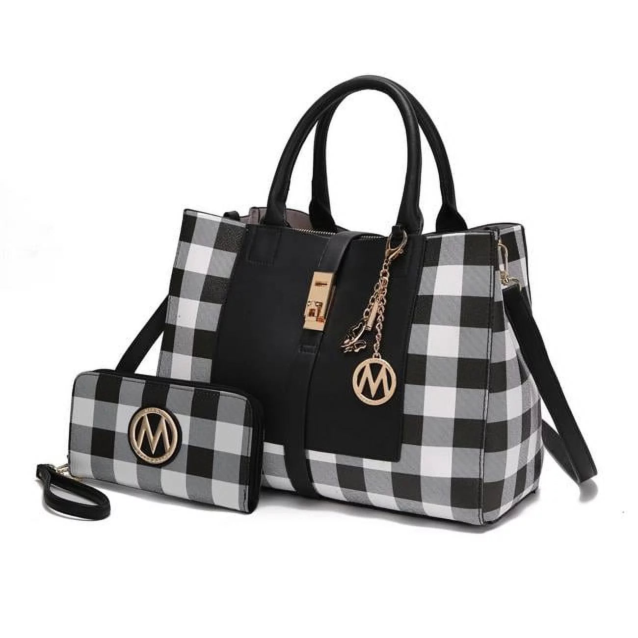 Vegan Leather Checkered Satchel Bag with Wallet 2 Piece Set V240