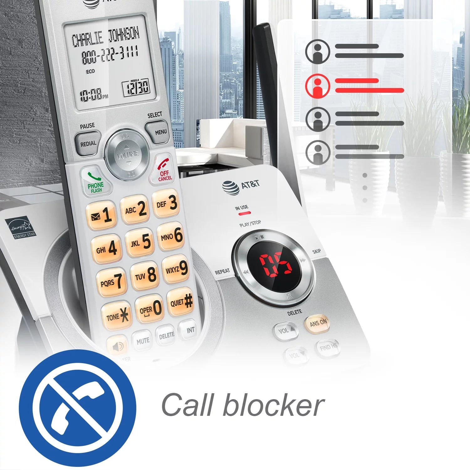 4-Handset Cordless Phone with Answering System and Call Block (White/Silver) T160421
