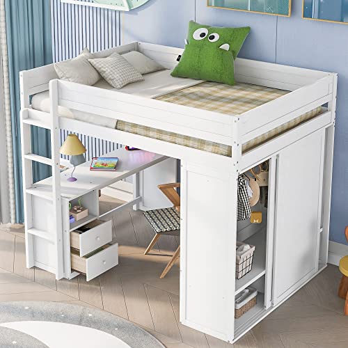White Solid Wood Full Size Loft Bed with Wardrobes and 2-Drawer Desk and Storage Cabinet W990