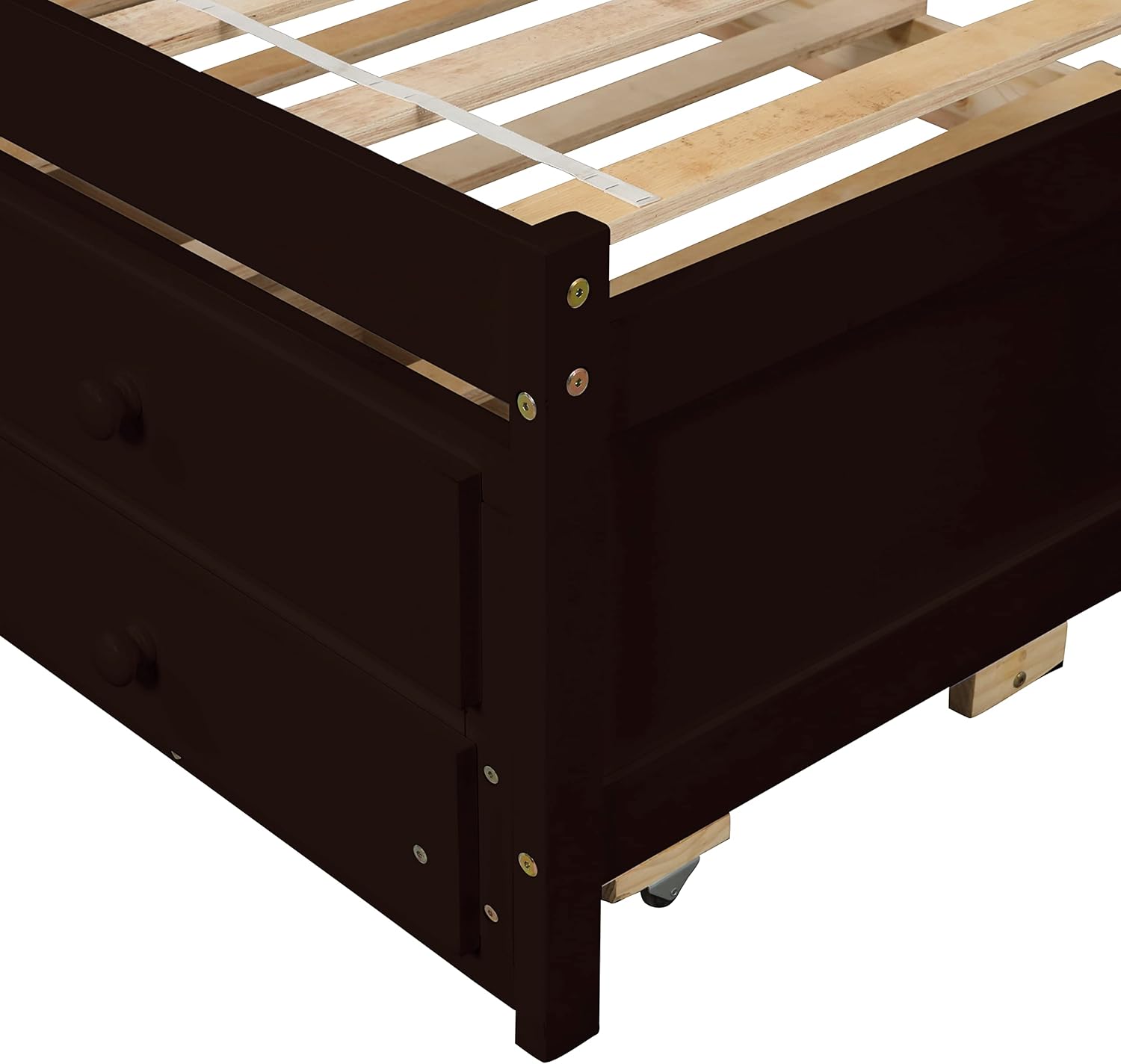 Twin Wood Captain’s Bed with Bookcase Headboard, Trundle and 3 Drawers, Espresso W665510