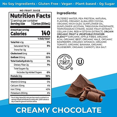 Organic Vegan Protein Shake, Creamy Chocolate, 20g Plant Based Protein, 11 Fl Oz (Pack of 12) E190786