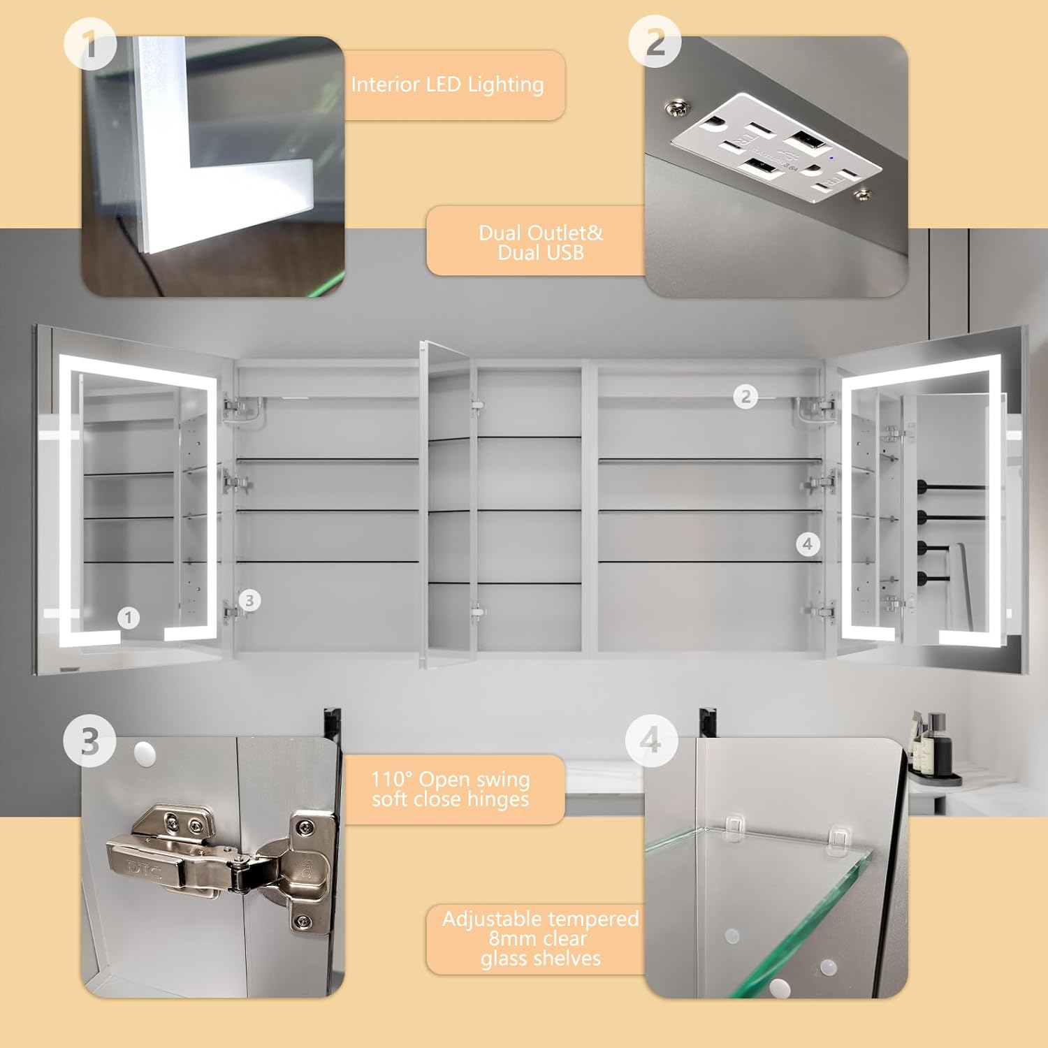 LED Lighted Bathroom Medicine Cabinet with Mirror, 60 x 30 Inch, with Extra Closed Storage Cabinet P760404