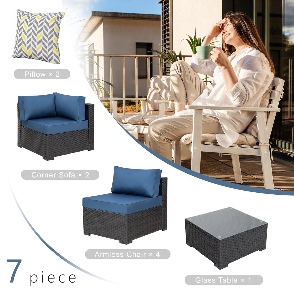 7 Pieces Black Wicker Outdoor Sectional Sofa Set with Tea Table and Cushions A761299
