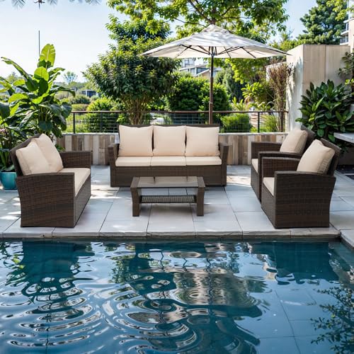 Gray Rattan Wicker 4 Piece Outdoor Patio Furniture Set with Cushion C3823