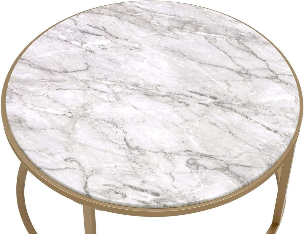 Modern Nesting Coffee Table Set of 2, Faux Marble & Clear Glass Top, Metal Frame, Gold Finish Q850911