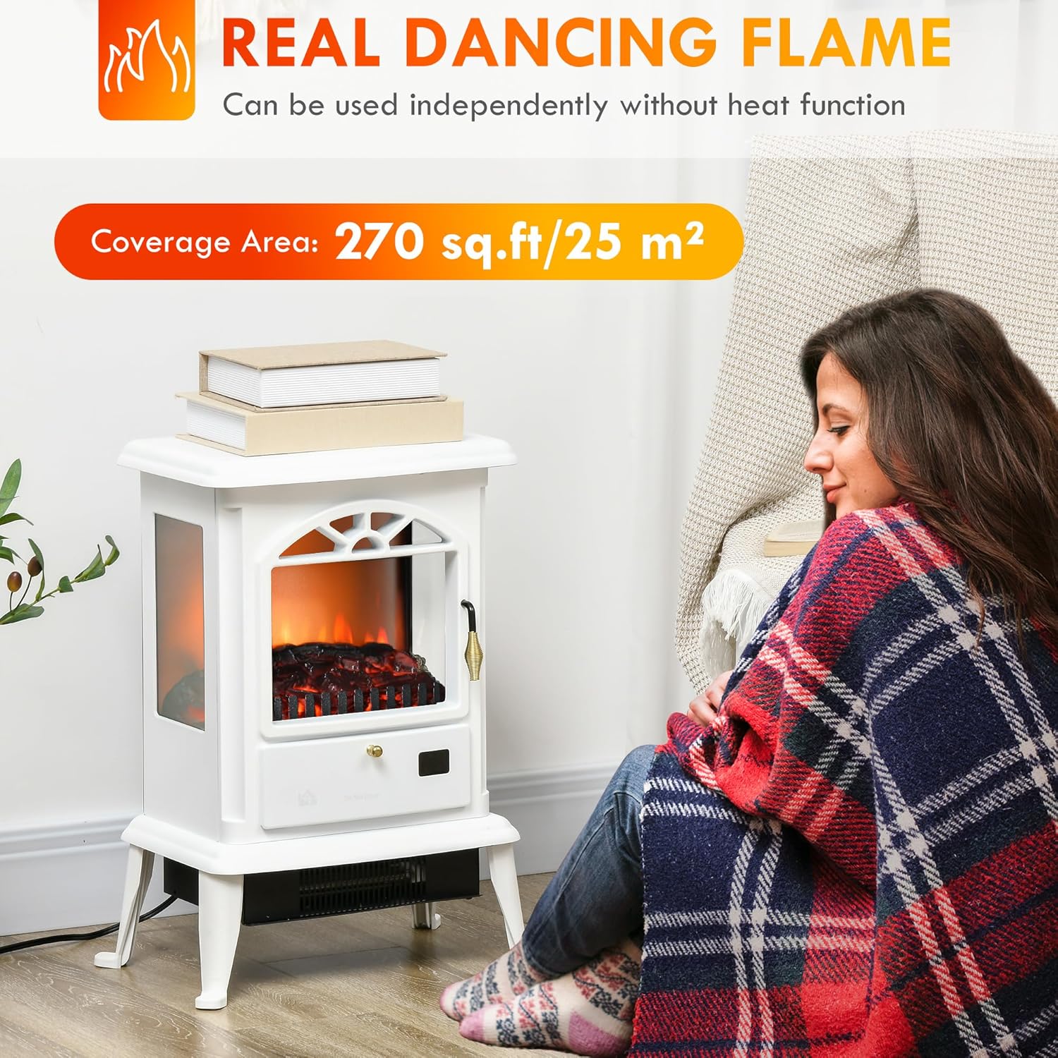 White Electric Infrared Fireplace Stove with Realistic Log Flame R9554