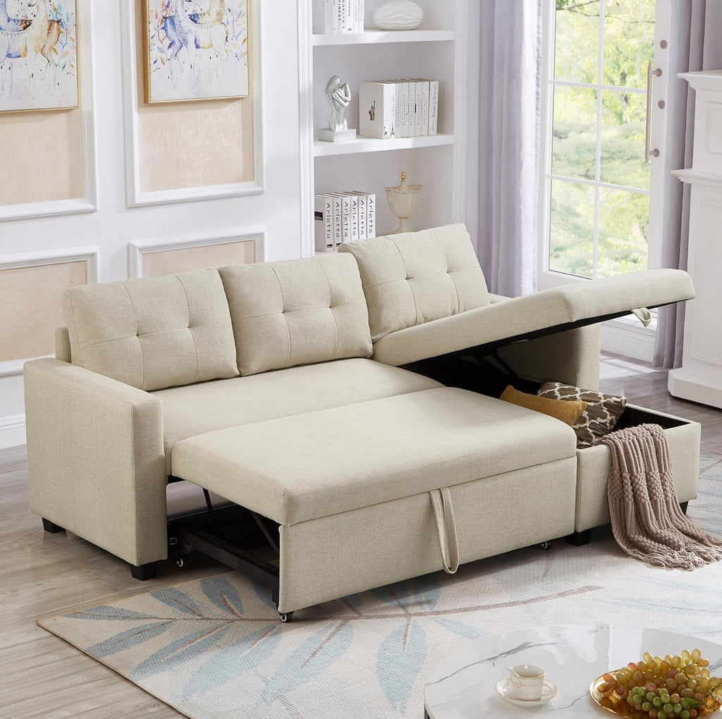 Beige L-Shape Convertible Sofa Sleeper with Pull-Out Bed W5689