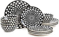 12-Piece Black White Medallion Stoneware Dinnerware Set U53788