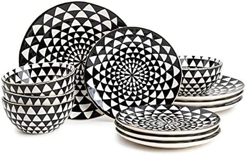 12-Piece Black White Medallion Stoneware Dinnerware Set U53788