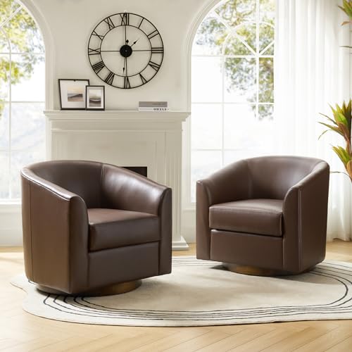 Brown Genuine Leather Swivel Barrel Chair Set of 2 F5441